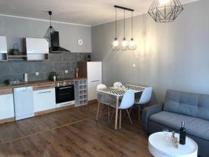 a kitchen and living room with a blue couch and a table at Apartament Aquasfera in Reda