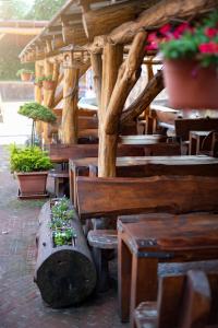 un restaurante con mesas y bancos de madera y macetas en U Matyase, en Stod