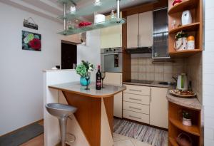 a kitchen with a small island in the middle at Studio Ami in Zagreb