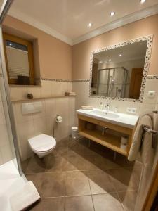 a bathroom with a sink and a toilet and a mirror at Gästehaus Grauss in Thiersee