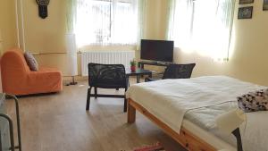 a bedroom with a bed and a desk and chairs at Apartment Arnika in Kořenov