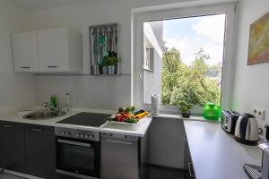 Een keuken of kitchenette bij Ferienwohnungen Riese - Farbenspiel