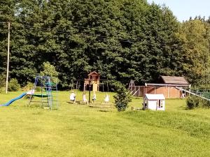 a group of children playing on a playground in a field at Agroturystyka Borówka in Mały Dólsk