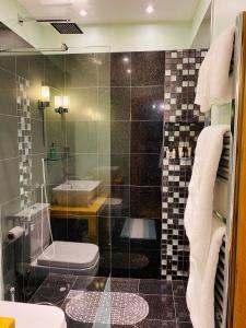 a bathroom with a shower and a toilet and a sink at Millers House Boutique B&B in Emsworth