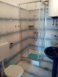 uma casa de banho com um chuveiro, um WC e um lavatório. em Apartmani Nado Majica em Sveti Filip i Jakov