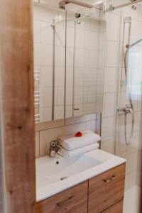 a bathroom with a sink and a shower and a mirror at Appartement VIDMAR-FERIENGLÜCK in Arriach