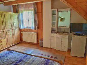 Zimmer mit einem Bett, einem Waschbecken und einem Spiegel in der Unterkunft Gästehaus Laßnig in Ebene Reichenau