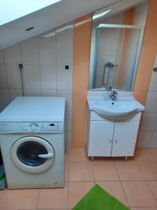 uma casa de banho com uma máquina de lavar roupa e um lavatório em Apartman Martina em Rab