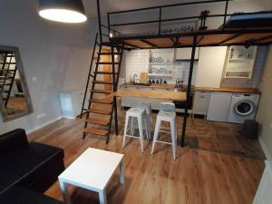 a living room with a loft bed and a kitchen at Studio Krakow old town apartment in Krakow