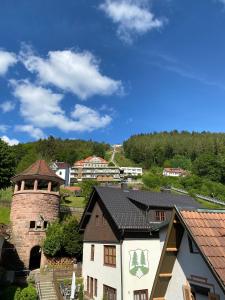 a view of a town with a castle at Pension Thilo in Bad Wildbad