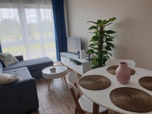 a living room with a table and chairs and a tv at Caskada Modern Apartments 2 NOWY APARTAMENTOWIEC WINDA in Słupsk