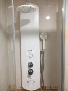 ducha con puerta de cristal y cabezal de ducha en Piso centrico cerca del puerto, en Sant Carles de la Ràpita