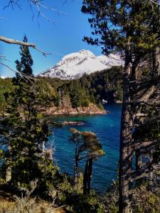 una montaña que se cierne sobre un cuerpo de agua con árboles en Solar de las Araucarias en San Carlos de Bariloche
