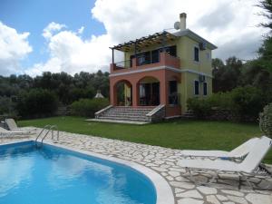 a house with a swimming pool in front of a house at Villa Stamata 2 in Tsoukalades