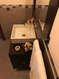 un bagno con lavandino e specchio di La Masía de Navas a Navas del Pinar