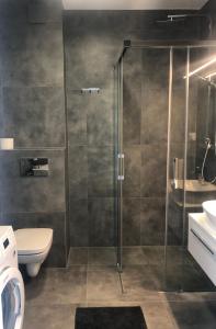 La salle de bains est pourvue d'une douche, de toilettes et d'un lavabo. dans l'établissement Apartamenty Morskie Gardenia 2, à Dziwnów