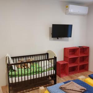 - un lit bébé dans une chambre avec télévision dans l'établissement Apartmán Špacír, à Velké Pavlovice