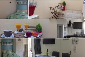 un collage de photos d'une cuisine et d'une chambre dans l'établissement Joli petit studio près du phare, à Calais