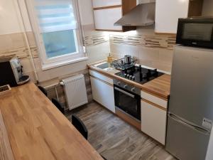 a small kitchen with a stove and a sink at Sweet Life Apartman in Eger