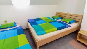 sypialnia z 2 łóżkami z kolorowymi kocami i poduszkami w obiekcie APARTMÁN CABERNET w mieście Velké Pavlovice