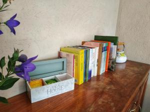 ein Haufen Bücher, die auf einem Tisch liegen in der Unterkunft Da Miki in Chiomonte