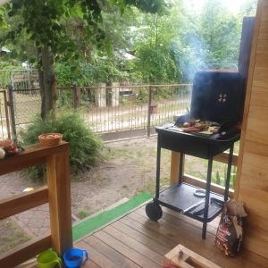 a grill on a porch with a view of a yard at Domek letniskowy Jezioro Białe in Okuninka