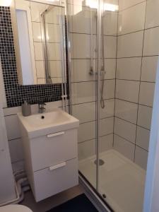 a bathroom with a shower and a sink and a toilet at Vacances à la plage Cabourg F2 in Cabourg