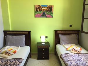 two beds in a room with green walls at Tanja Lucia Hostel in Tangier