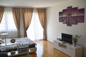 a bedroom with a bed and a tv on a cabinet at Luna apartman in Brčko