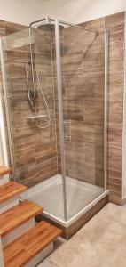 a shower with a glass enclosure in a bathroom at Cosy Lake cottage, 300m2 lake area just for you ! in Maria Wörth