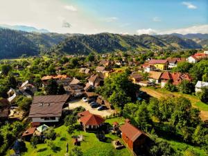 einen Luftblick auf ein kleines Dorf in den Bergen in der Unterkunft Casa Preto E Branco in Moieciu de Jos