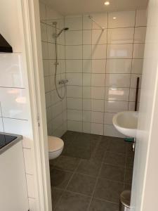 Un baño con ducha, inodoro y lavabo. en de Pastorie, en Hollum