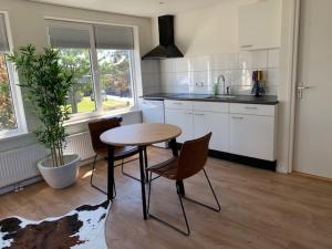 a kitchen with a table and chairs in a room at de Pastorie in Hollum