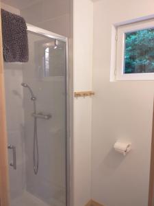 La salle de bains est pourvue d'une douche avec une porte en verre. dans l'établissement Le Relais Charraud, à Le Mont-Dore