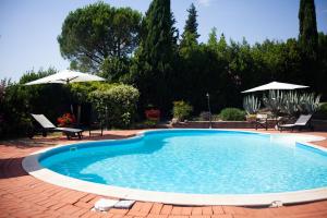 una piscina con sillas y sombrillas en un patio en Casa vacanze Casalsole, en Vinci