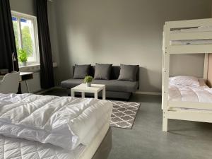 De la Gardie Park Vandrarhem Hostel في ليدكوبينغ: غرفة نوم مع سرير بطابقين وأريكة