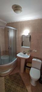 La salle de bains est pourvue d'une douche, de toilettes et d'un lavabo. dans l'établissement Садиба Гуцулка Ксеня, à Yaremtche
