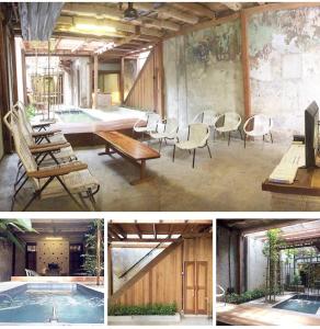a collage of three pictures of a room with a pool at Rimba Hang Kasturi Villa in Melaka