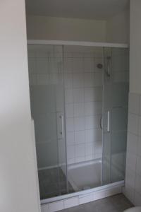 um chuveiro com uma porta de vidro na casa de banho em Dünenhaus Wohnung 3 em Travemünde
