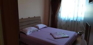 マンガリアにあるApartament Anthonyのベッドルーム1室(紫のシーツが敷かれたベッド1台、窓付)