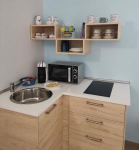 eine Küche mit einer Spüle und einer Mikrowelle in der Unterkunft S’alba Noa in Quartu SantʼElena