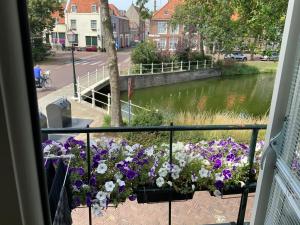 een balkon met een bos bloemen en een rivier bij Kromme weele 26 in Middelburg