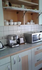 um balcão de cozinha com comodidades para preparar café e um micro-ondas em Magnolia Apartman em Hévíz