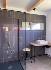 a bathroom with a shower and a sink and a sink at Letnisko Rusinowo in Rusinowo