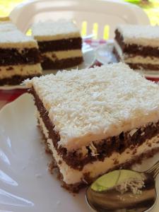 a piece of cake on a plate with a fork at Youth Hostel Pinesta in Novigrad Istria +86 photos