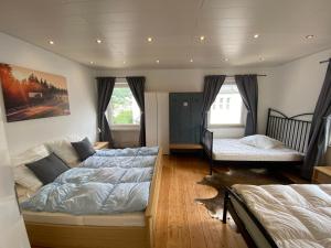 Un dormitorio con dos camas y una cama y un sofá. en Nürburgring Ferienhaus m. Parkplatz - Klima - Garten und viel Platz, en Adenau