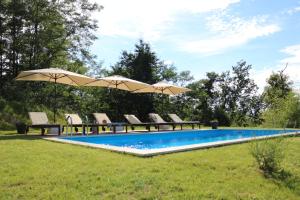 een zwembad met stoelen en een parasol bij Eva's house in Ivanec