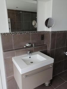 bagno con lavandino bianco e specchio di La Roseraie a Stavelot