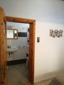 a bathroom with a shower and a sink and a door at Oasis Hotel Loutro in Loutro