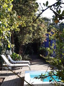 サンタ・ブリヒダにあるCasa rural el Gargujoのラウンジチェア2脚、庭園内のプール1つ